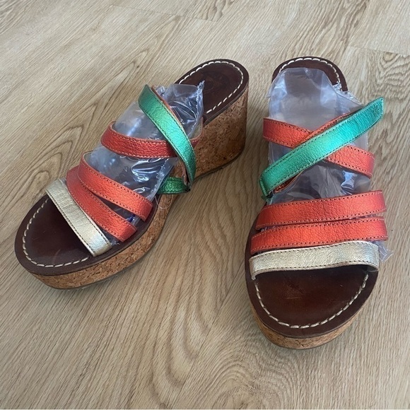 Fly London Size 41 Leather Cork Wedge Sandals Multicolor Strappy Platform - Picture 3 of 11
